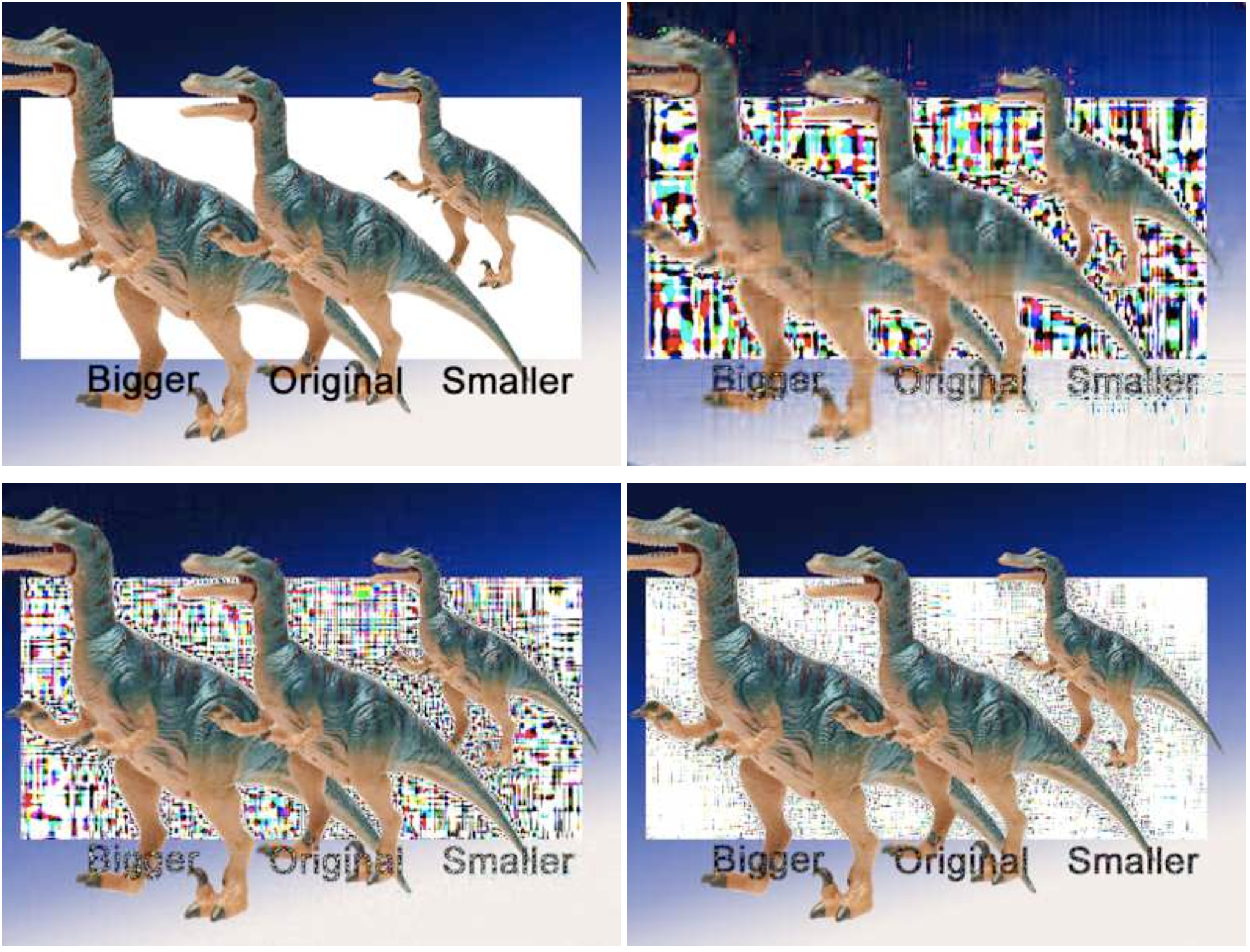 Вейвлет-сжатие на динозаврах. Верхняя левая — оригинал. На правой использовался лишь 1% вейвлетов. Критические цвета, как черный и белый, очень сложно передать таким количеством. Левый нижний — 5% вейвлетов, средний динозавр становится более резким, чем уменьшенный (он четкий на 3%) и увеличенный (он на 8%). Больше 10% ставить не имеет смысла, вейвлеты начинают приближать цвета, а не резкость. Последняя картинка тому доказательство, на ней использовано 20% вейвлетов.