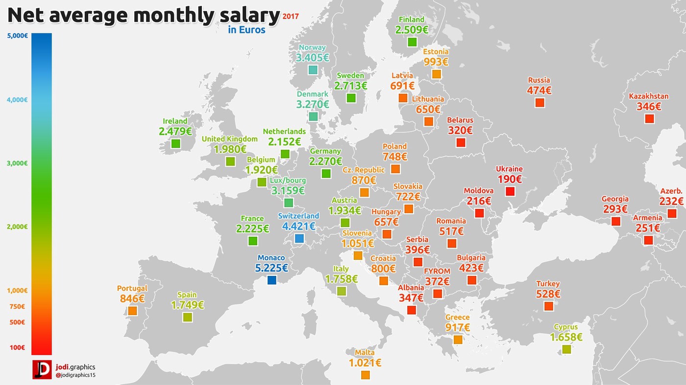 Свежая карта зарплат по Европе (после всех налогов). Всем рекомендую изучить, она отвечает на много вопросов, если понять её правильно