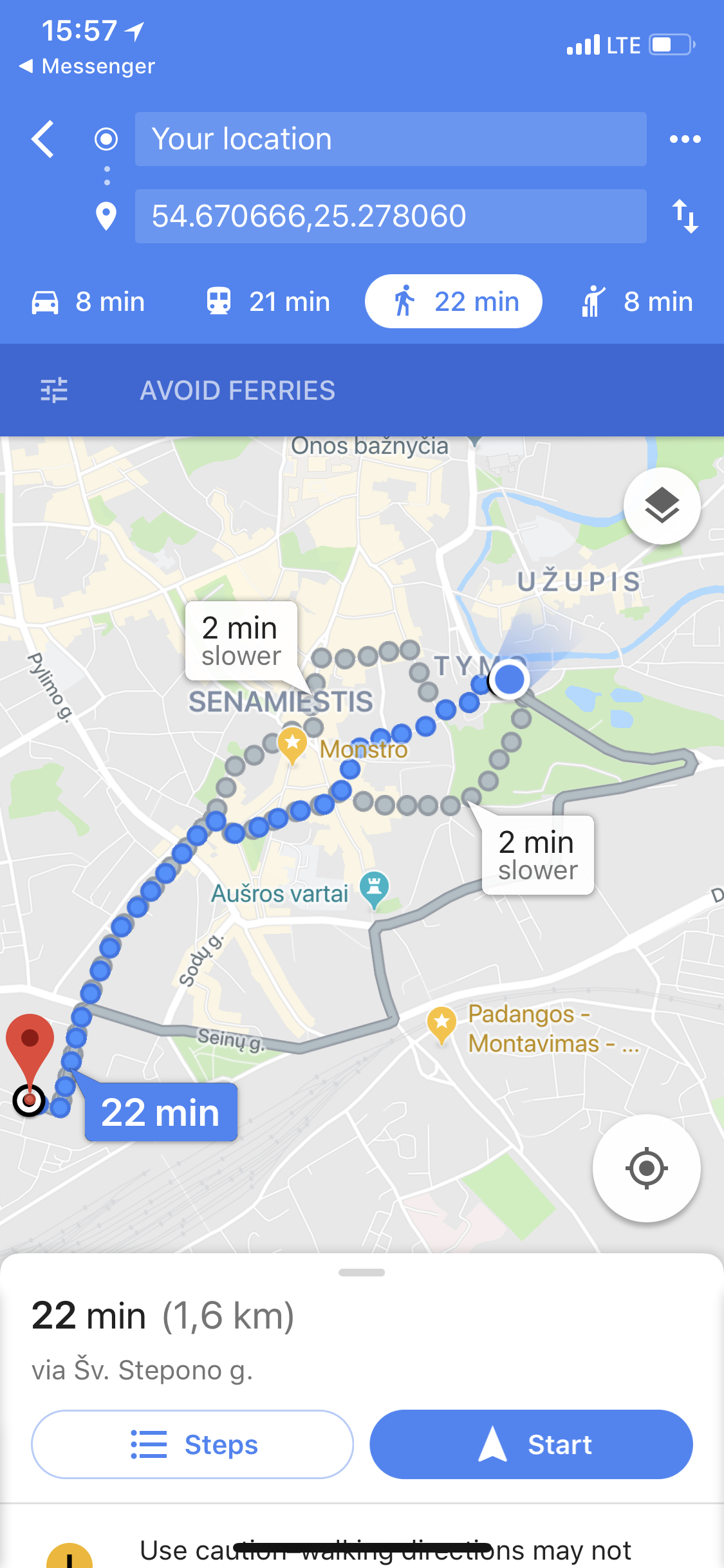 Буквально вчерашний пример. Надо добраться от ярмарки до дома друзей. Пешком — 22 минуты, на транспорте — 21 (стоит 2 евро), на убере — 8 минут (стоит 2.5 евро). Выбор очевиден.