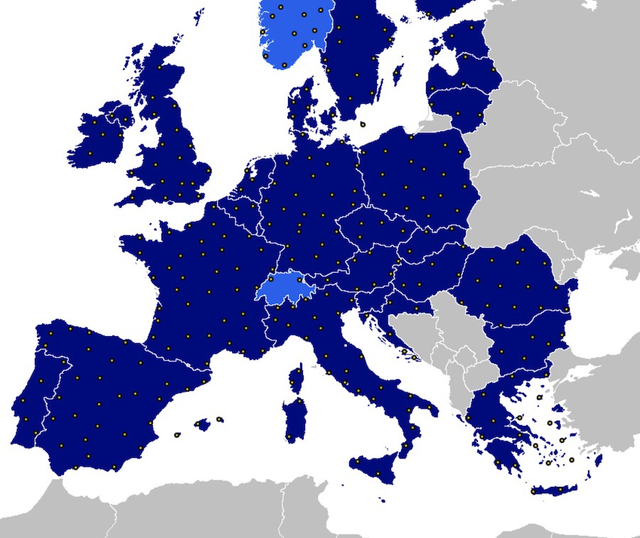 Карта наземных станций европейской сети