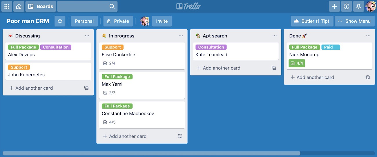Tiny CRM for dummies. Inside each card, there is a detailed description of each individual case with a checklist to track the progress. Tasks board is separate